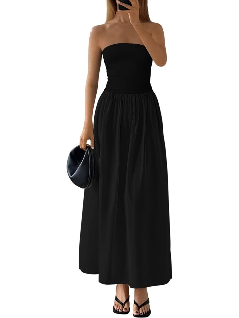 Women's Black Summer Elegant Strapless Maxi Dress Tube Top Dress A Line Flowy